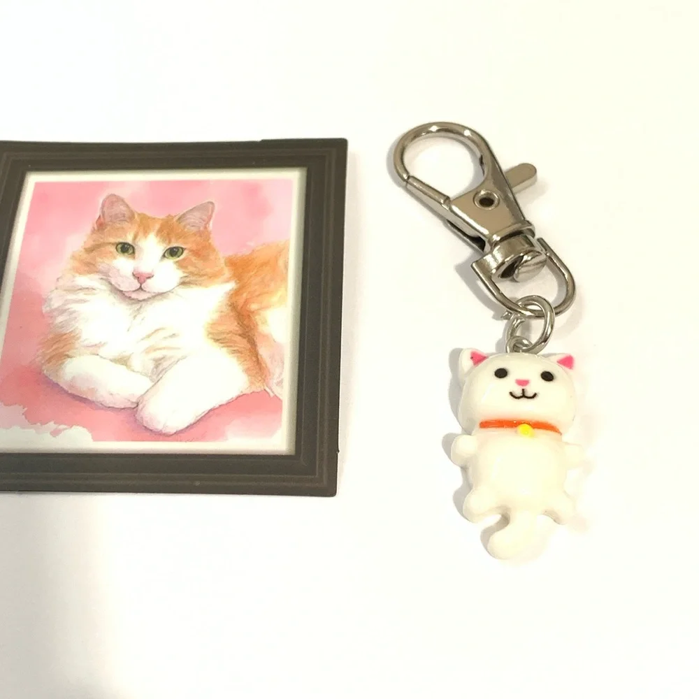 Cat Keychain and Sticker Set - White and Pink